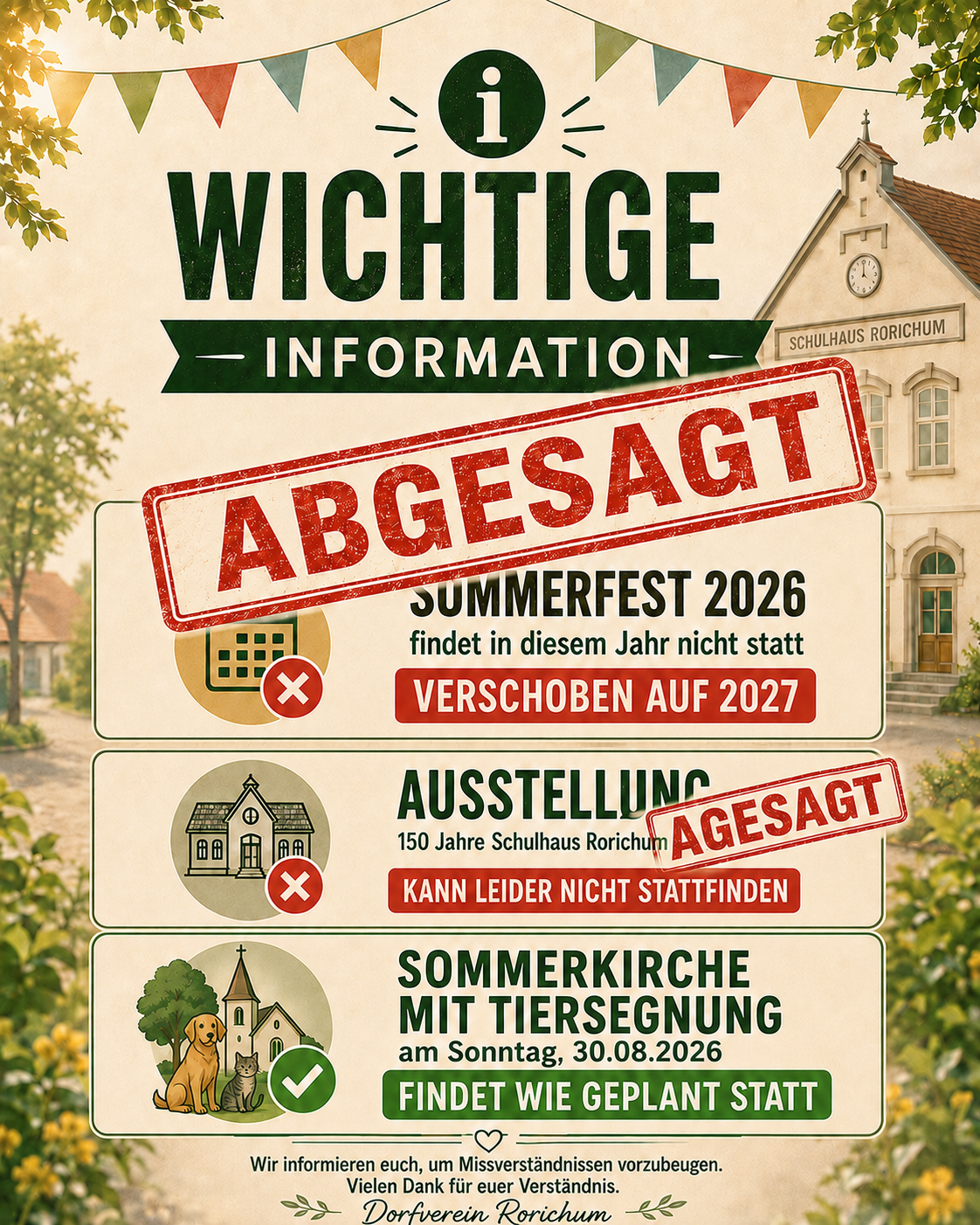 📢 Wichtige Information zum Sommerfest und zur Ausstellung „150 Jahre Schulhaus Rorichum“